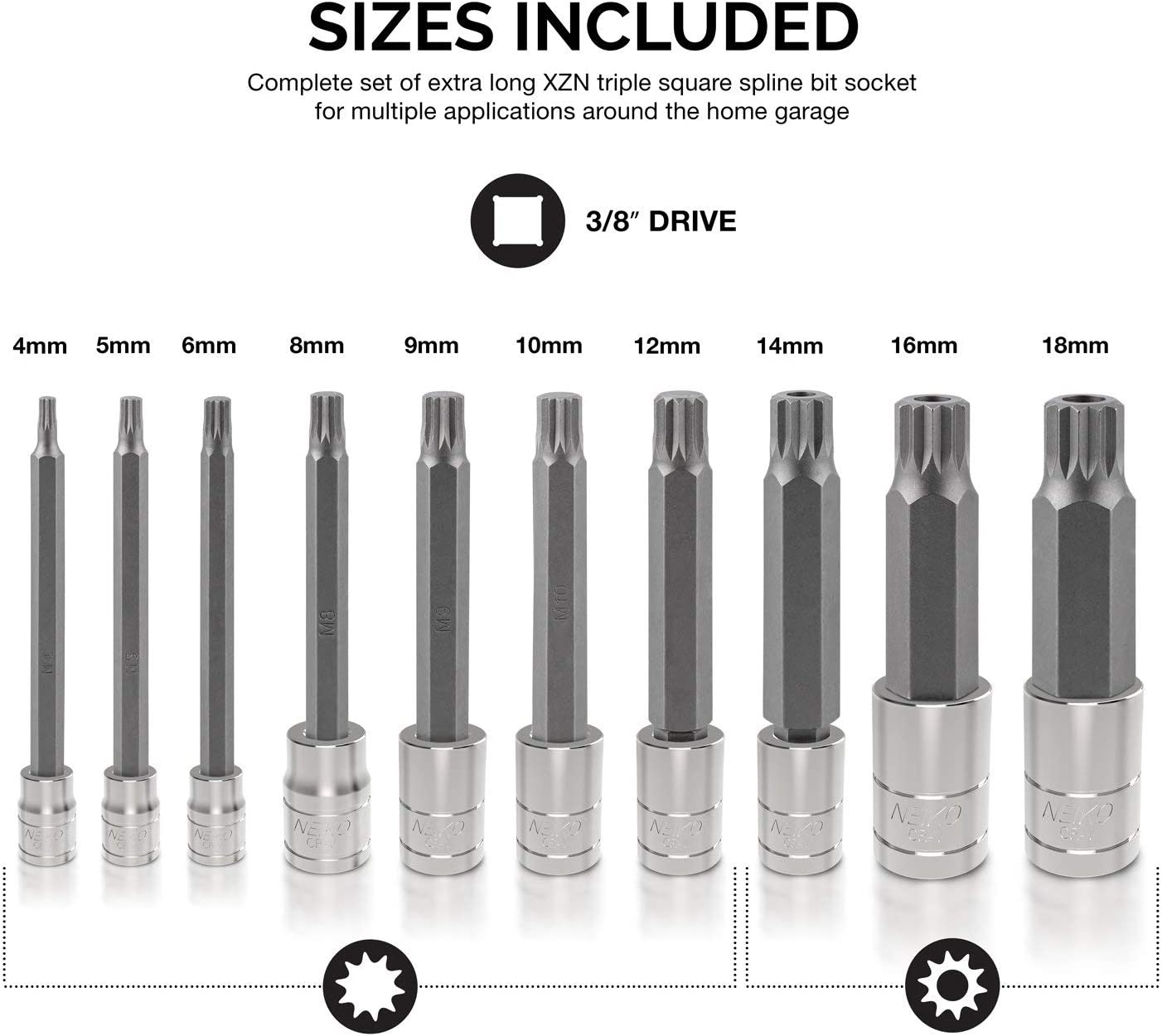 XZN Triple Square Spline Bit Socket Set, Extra Long 4”, 4mm to 18mm S2 & Cr-V Steel (10-Piece)