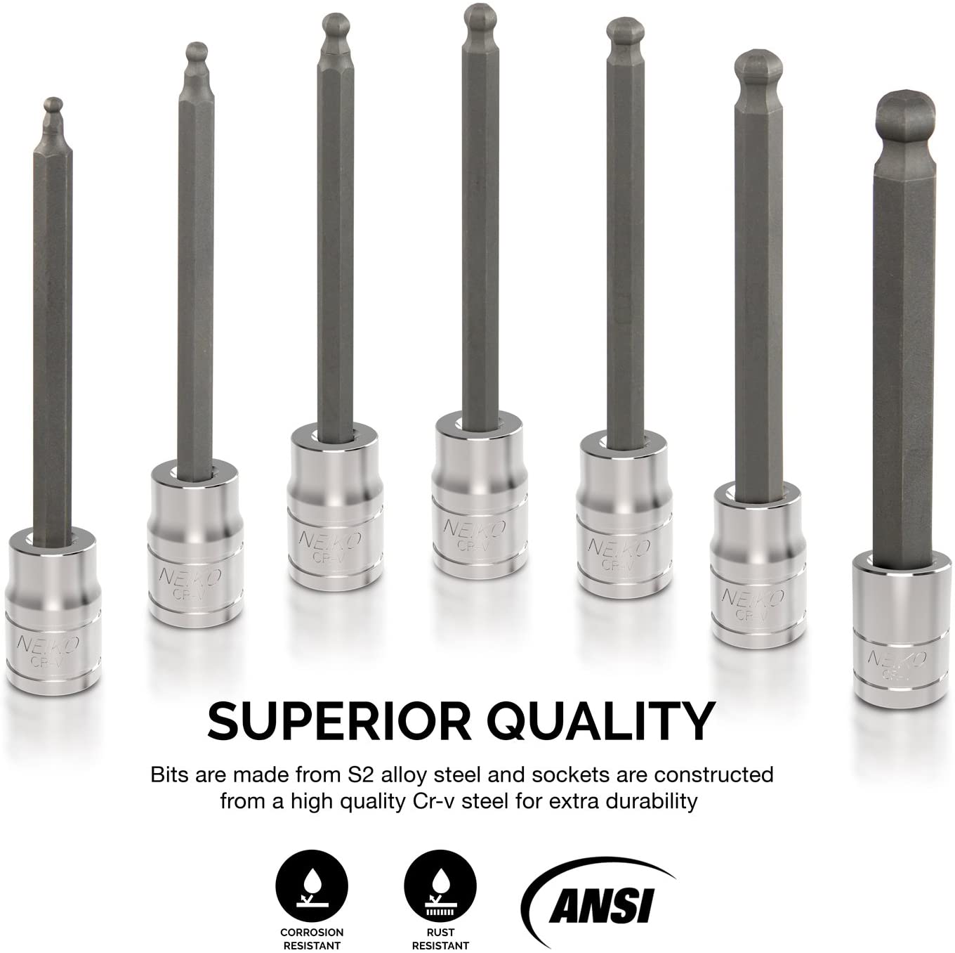 3/8"-Drive Extra-Long Ball-End Hex-Bit Socket Set, SAE Sockets 1/8" to 3/8", S2 Steel (7-Piece)