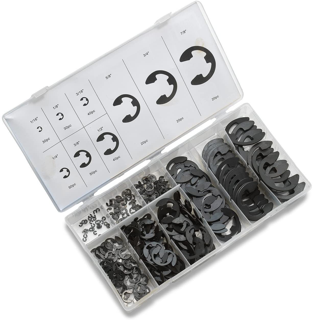 E-Clip Assortment Set, 300 PCS, 9 SAE Sizes, Heat Treated External Retaining Clips
