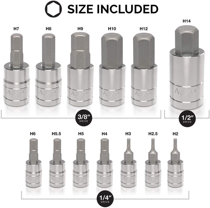 NEIKO 10074A Metric Hex Bit Socket Set | 13-Piece Set | S2 and Cr-V Steel | 1/4-Inch, 3/8-Inch and 1/2-Inch Drive | 2mm to 14mm