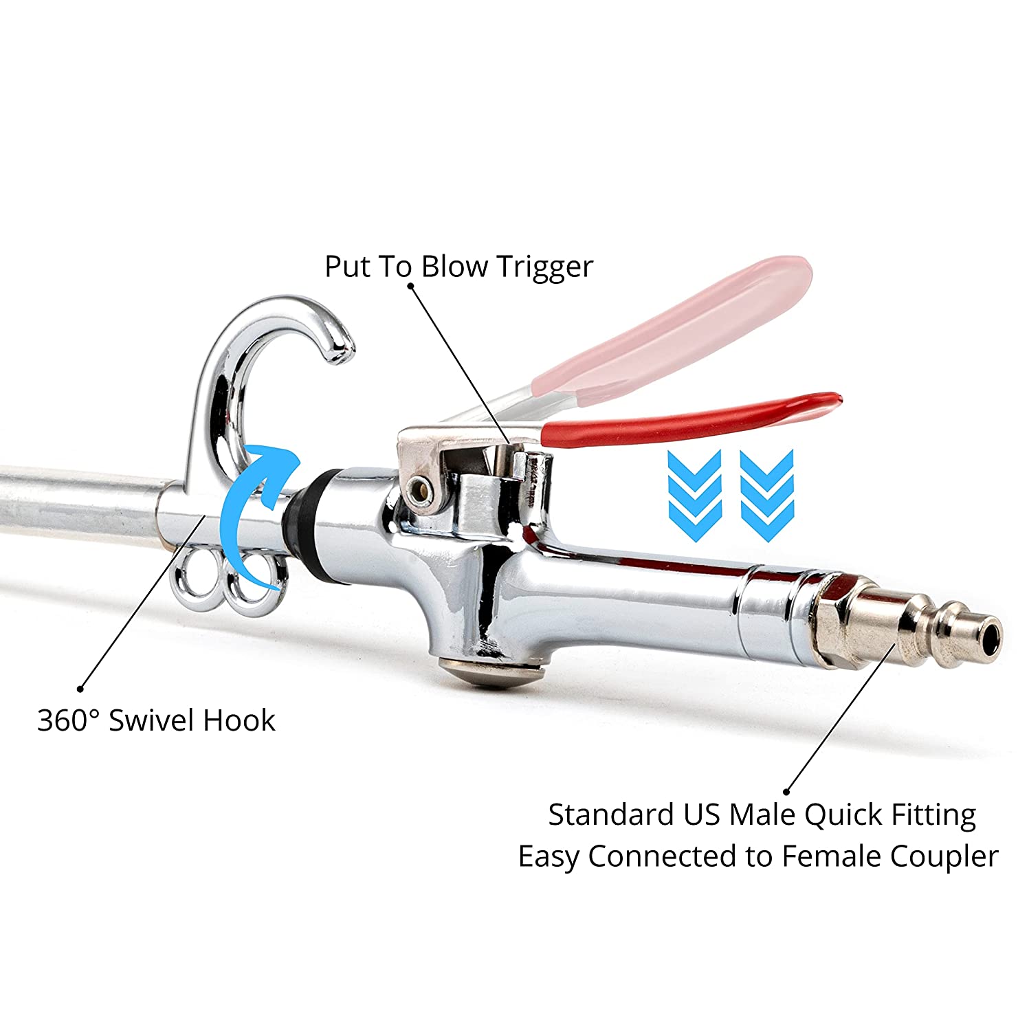 High-Flow Extensible Air Blow Gun — 17"–26", 360° Swivel Hook