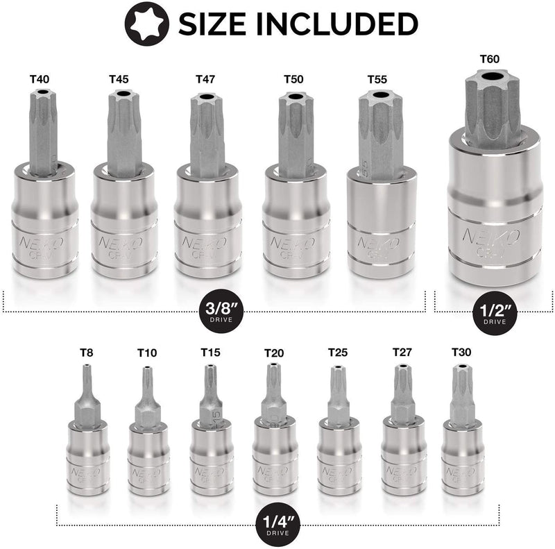 NEIKO 10073A Tamper Proof Torx Bit Socket Set |13-Piece | S2 Steel Bits & Cr-V Steel Sockets | TT8 – TT60