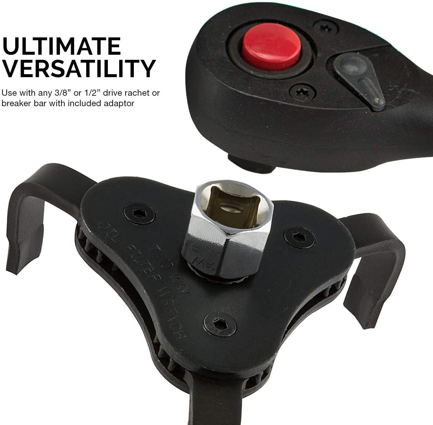 Universal Adjustable Oil Filter Wrench — 3-Jaw, 2-1/2"–4", 3/8" Drive