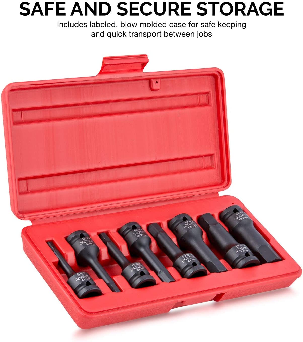 Neiko 01136B 1/2-Inch Drive Allen Hex Impact Socket Set, Metric, 6 mm - 19 mm, Cr-Mo, 8-Piece
