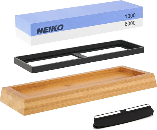 NEIKO 54002A Whetstone 1000/6000, Wet Stone Sharpening Kit, 2Sided, Highly Durable Corundum Water Stone, Angle Guide, Non-Slip Bamboo Base, Knife Sharpening Stone for Knives, Whetstone Knife Sharpener