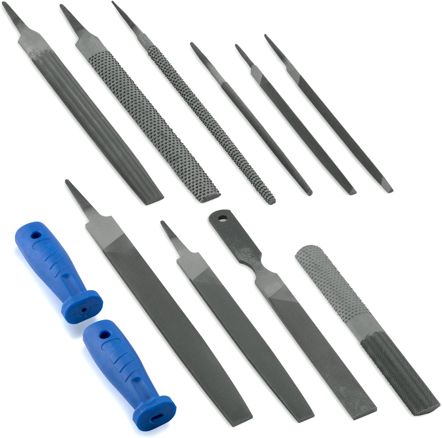 NEIKO 00109A Metal File and Rasp Set | 12 Piece, 10, 8, and 6 Inch Extra Slim Flat, Half, Mill, and Round Files Set | Non Slip PVC Handle, Wood File | Heat Treated Carbon Steel Two Way File
