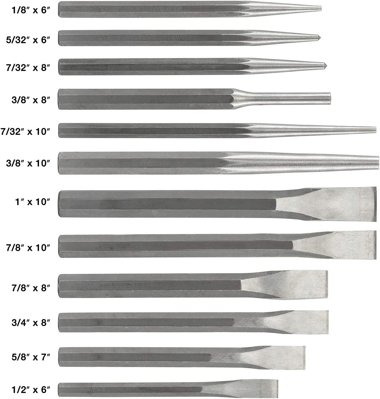 Cold Chisel & Punch Set — CrV Steel, Hex-Shaped, Canvas Pouch (12-Piece)
