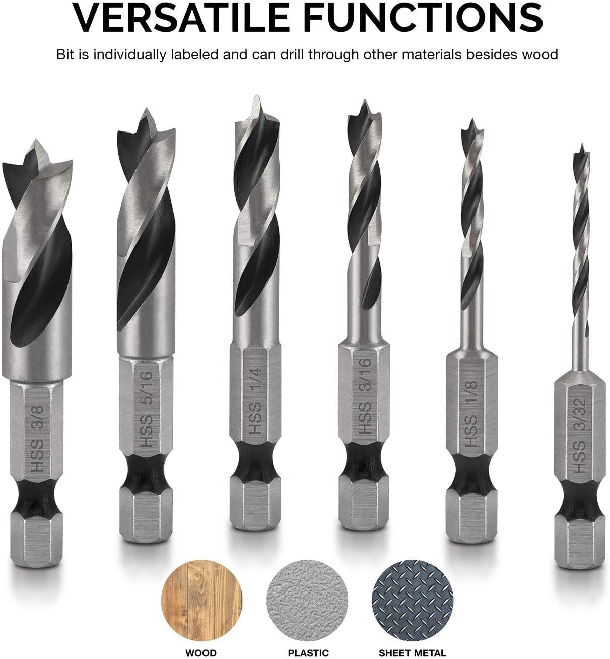 Brad Point Stubby Drill Bit Set — HSS, 1/4" Hex Shank, Short Length (6-Piece)