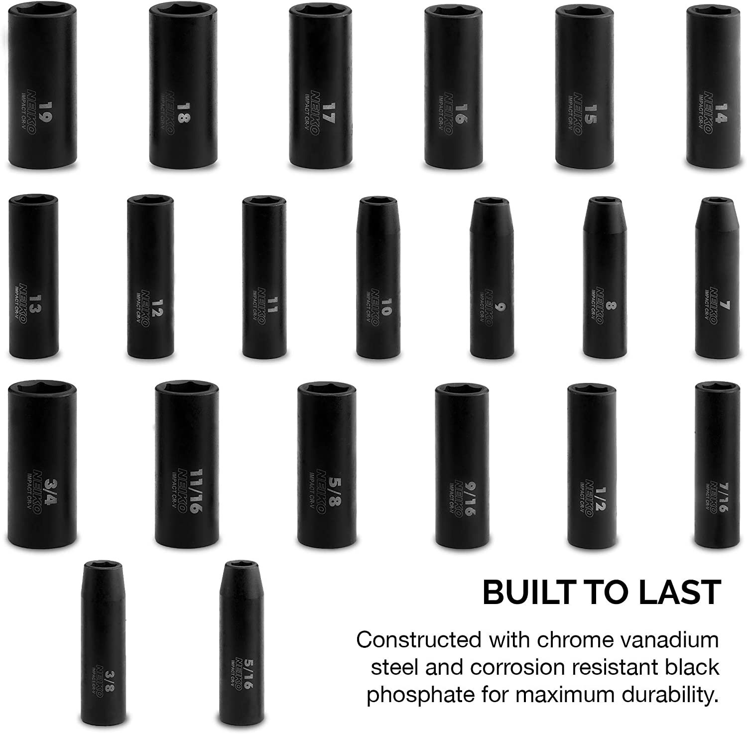3/8” Drive SAE & Metric Deep Impact Socket Set SAE 5/16” to 3/4”, Metric 7mm to 19mm (21-Piece)