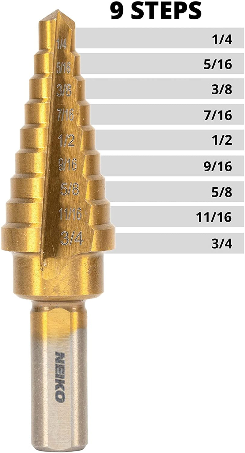 NEIKO 10184A Titanium Step Drill Bit, High-Speed Alloy-Steel Bit, Hole Expander for Wood and Metal, 9 Step Sizes from 1/4 Inch to 3/4 Inch