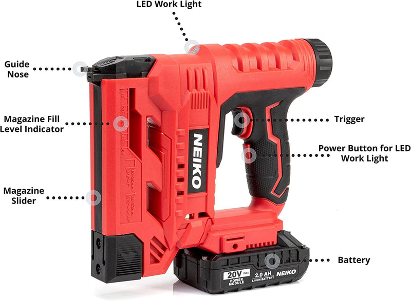 NEIKO 02651A Cordless Brad Nailer and Stapler | 18 Gauge, 2 in 1 Rechargeable Staple Gun and Battery Powered Nail Gun | Carpentry, Upholstery, Woodworking, and Finish Nailer | 20V 2.0Ah Li-ion