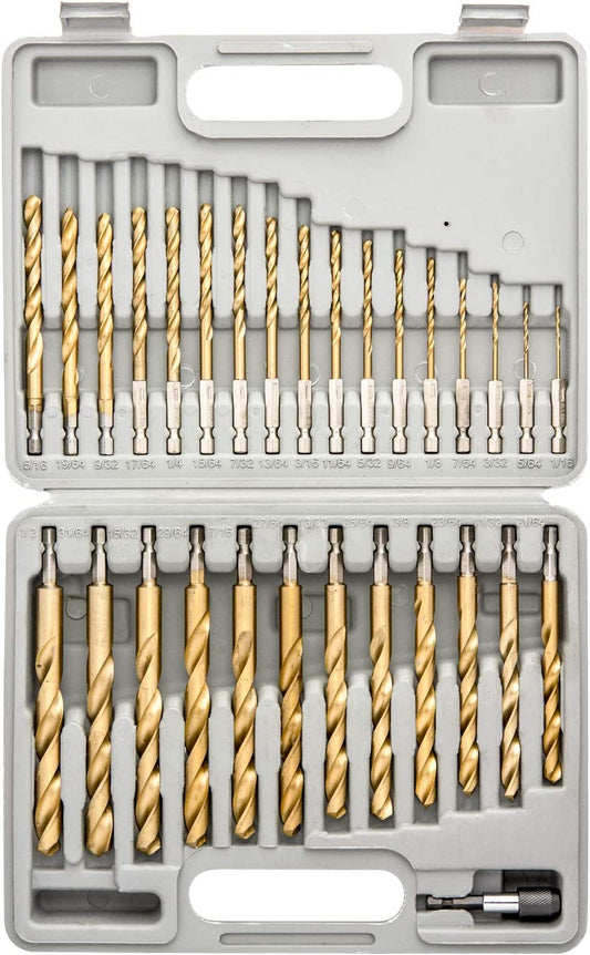 TOOLUXE 10055L Hex Shank Drill Bit Set, 30 Pc, Titanium Coated Metal Drill Bits, Quick Change Design, Small Drill Bits from 1/16" - 1/2" Large Drill Bits, High Speed Steel Impact Driver Drillbits