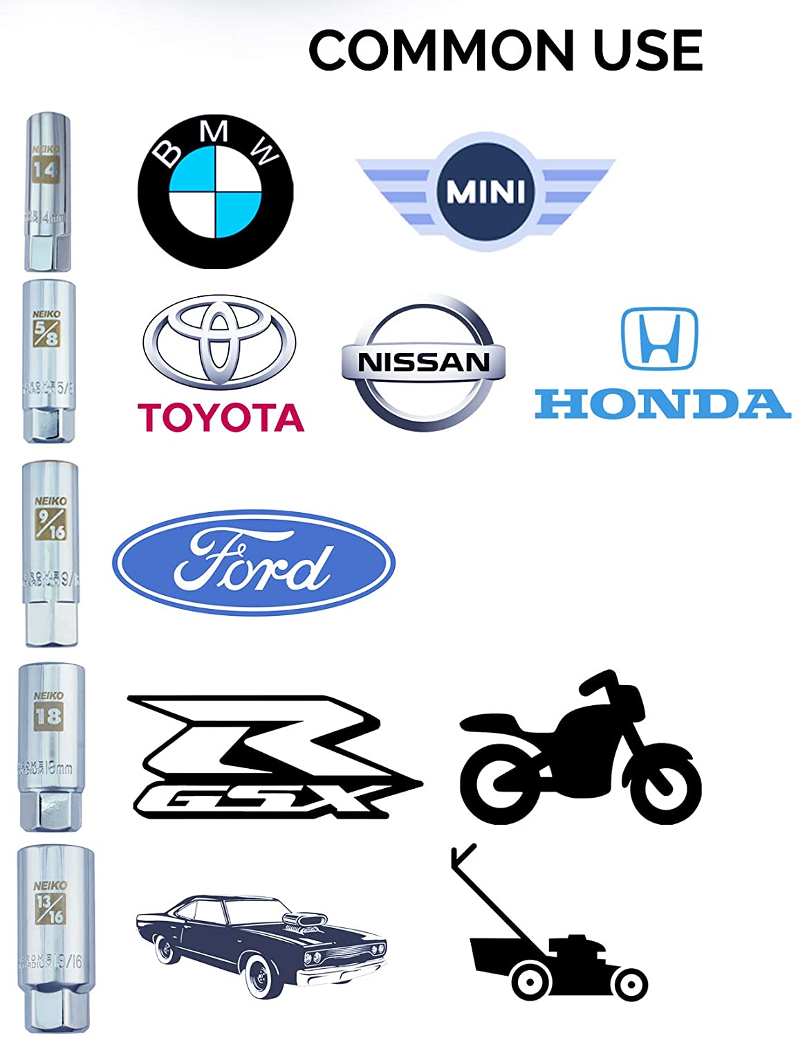 3/8" Drive Spark Plug Socket Set SAE And Metric, Rubber Retaining Inserts, Cr-V Steel, 14mm (5-Piece)