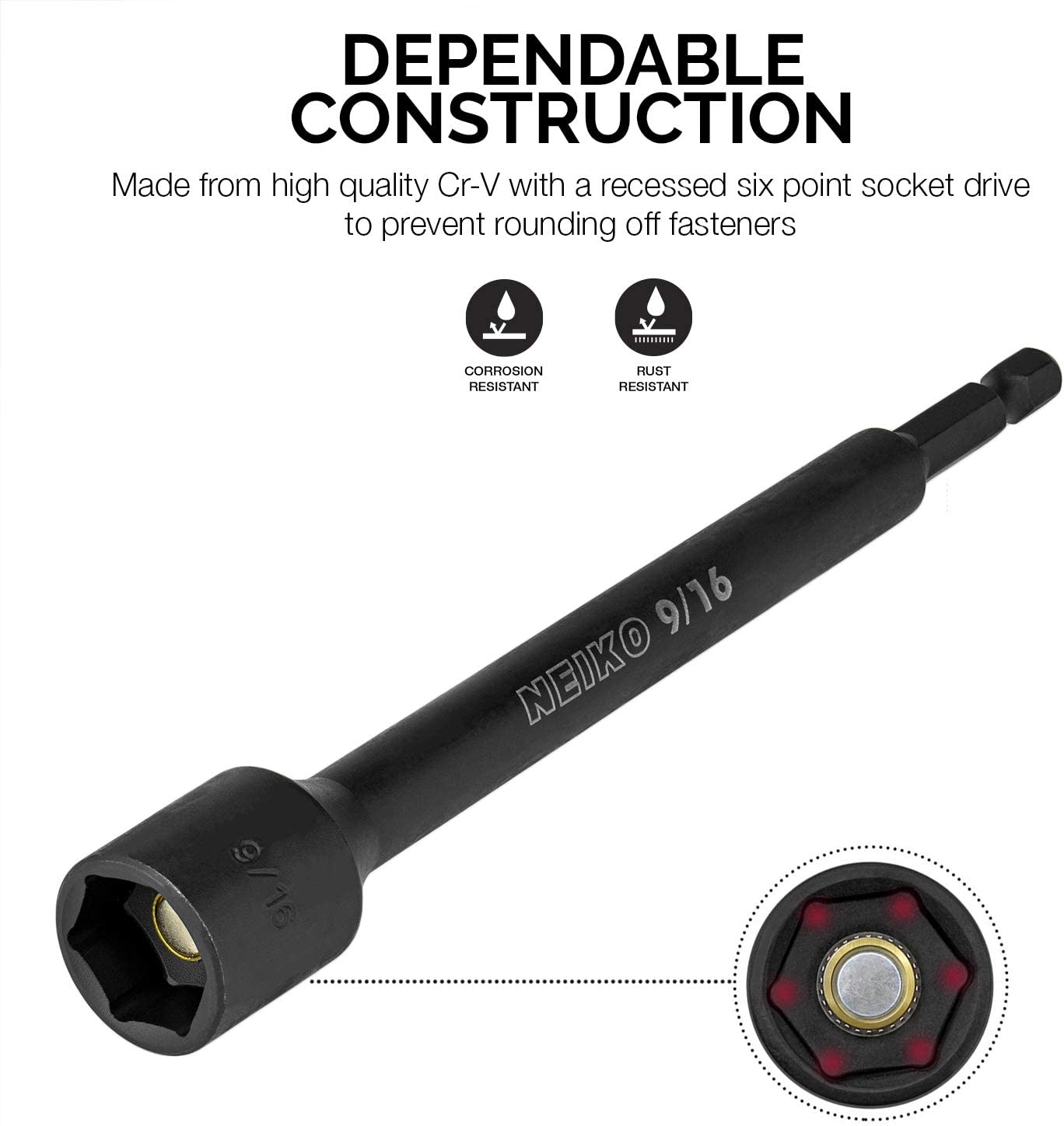 NEIKO 10067A Magnetic Impact Nut Driver and Power Bit Tool Set | 8 Pieces, SAE | 6 Inches | Shank Nut Driver Bits Setters | Magnetic Tip Sockets | 1/4 Inch Hex Shank