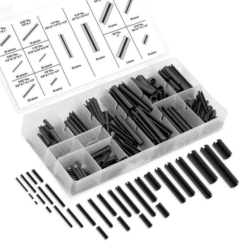NEIKO 50412A Roll Pin Assortment Set with Storage Case | 315 Pieces | SAE | Slotted Spring Steel | Black Dowel Tension Roll Pin