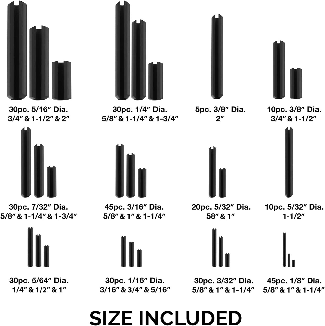 SAE Roll Pin Assortment — Slotted Spring Steel, 10 Diameters (315-Piece)