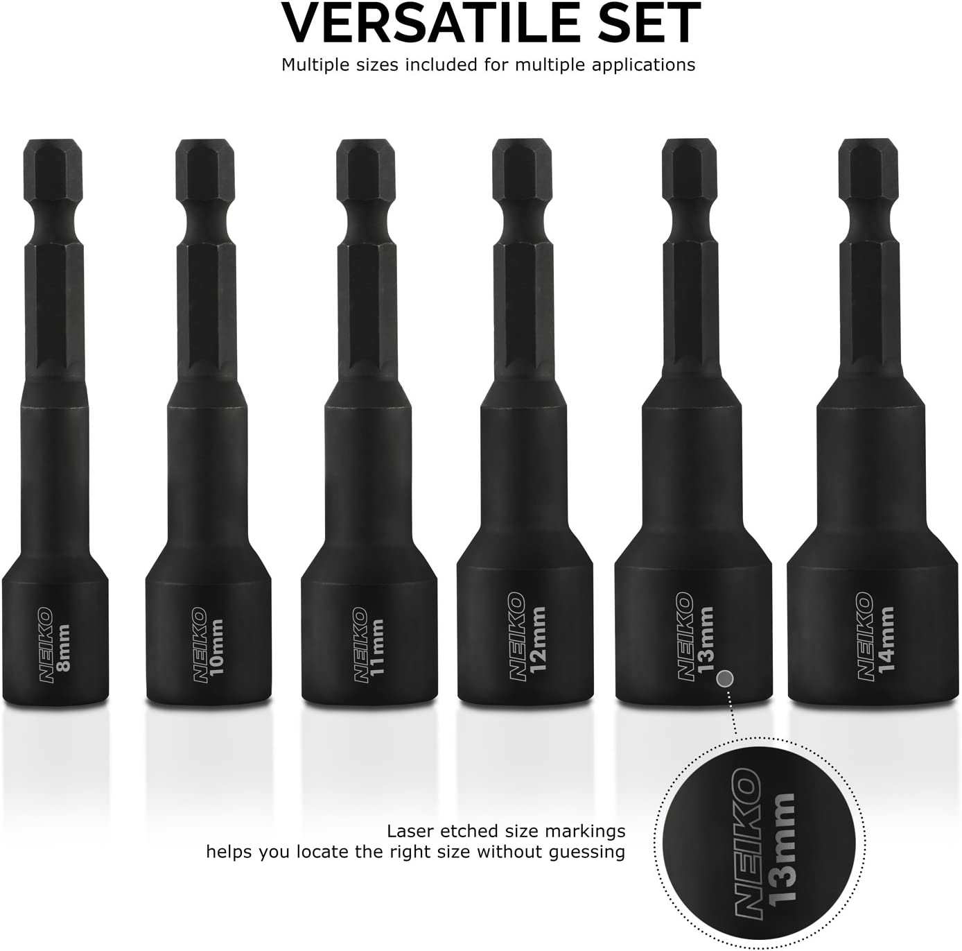 Neiko 10191A Impact Ready Magnetic Nut Driver | 6 Piece | MM | 8 to 14 mm | 2-9/16” Length | Cr-V, metric ,Master Kit