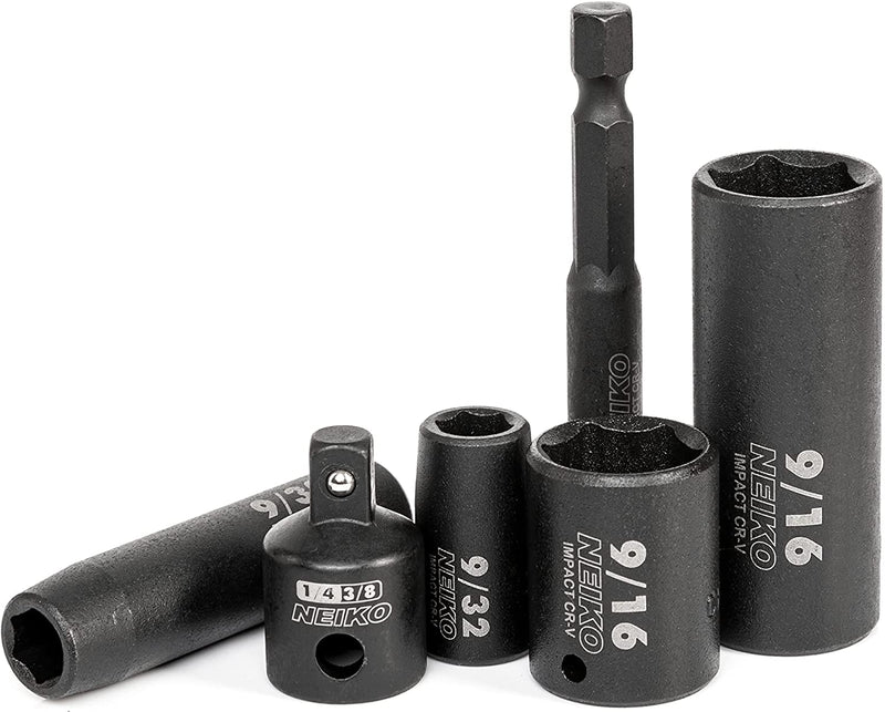 NEIKO 02435A 1/4" Drive Impact Socket Set | 22 Piece | Standard 3/16” – 9/16” SAE | Deep and Shallow Sockets | Chrome Vanadium Steel | 3/8” to 1/4” Reducer | Hex Shank Socket Impact Adapter