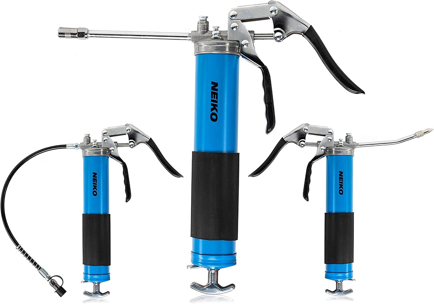 NEIKO 12011A Grease Gun | Heavy Duty Pistol Grip Greaser | 6000 PSI | Standard 14oz Grease Cartridge | 18” Reinforced Flex Hose, Zerk Coupler, 6” Straight Extension & 5.5” Bend Ext, Sharp Nozzle