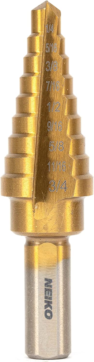 NEIKO 10184A Titanium Step Drill Bit, High-Speed Alloy-Steel Bit, Hole Expander for Wood and Metal, 9 Step Sizes from 1/4 Inch to 3/4 Inch