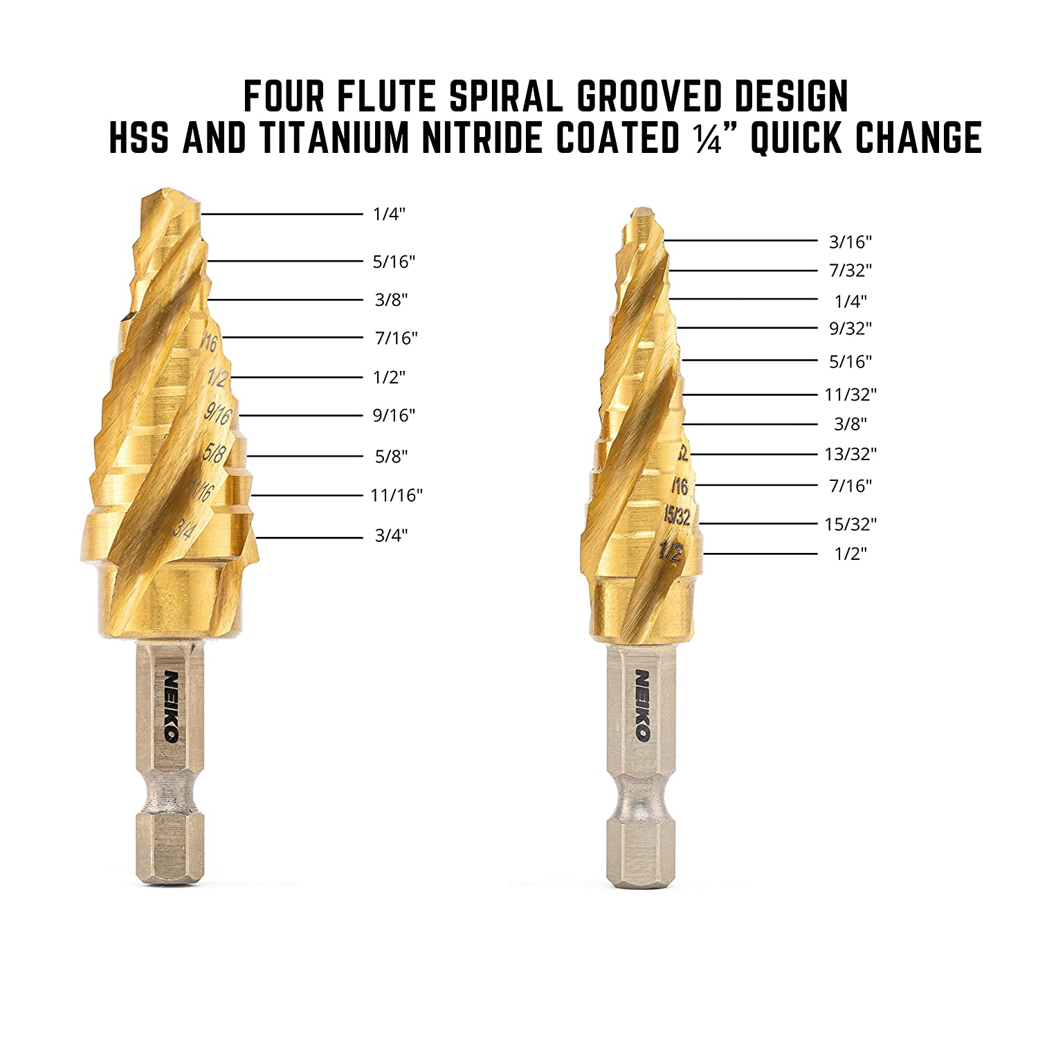 Step Drill Bits with 4-Flute Spiral-Grooved Design Step Bit &1/4" Hex Shanks