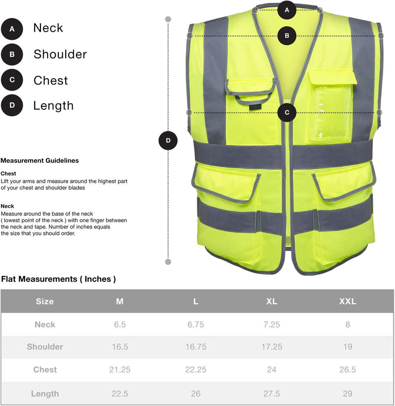 NEIKO 53994A Reflective Safety Vest with Pockets and Zipper | Large Size | High Visibility Strips on Neon Yellow | For Emergency, Construction and Safety Use