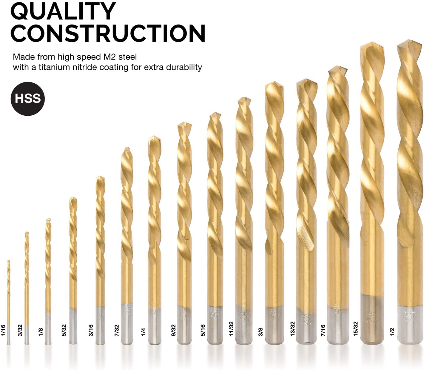 Left-Hand Drill-Bit Set, High-Speed Steel Drills with Titanium Nitride Coating (15-Piece)
