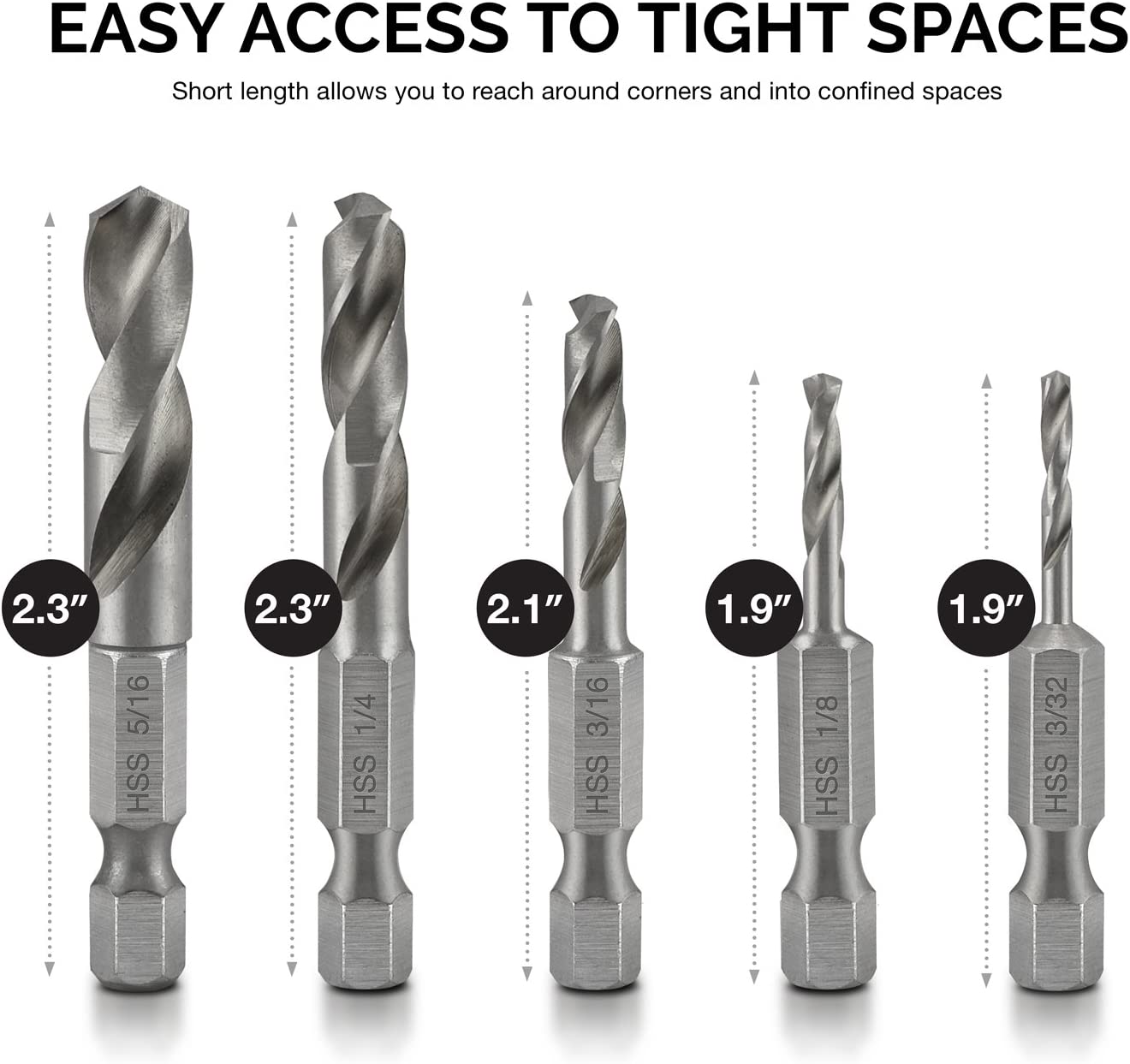 Stubby Drill Bit Set for Metal 1/4" Quick Change Hex Shank (5-Piece)