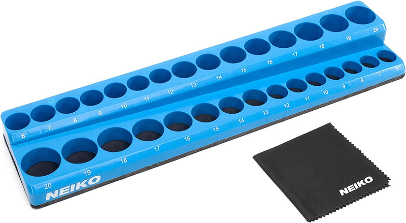 NEIKO 03971A Magnetic Socket Holder | 3/8” Drive | 6mm-20mm | Holds Shallow & Deep Sockets Tray | Metric Socket Organizer | 30 Hole Tool Box Storage | Scratch Free Mounting | High Visibility