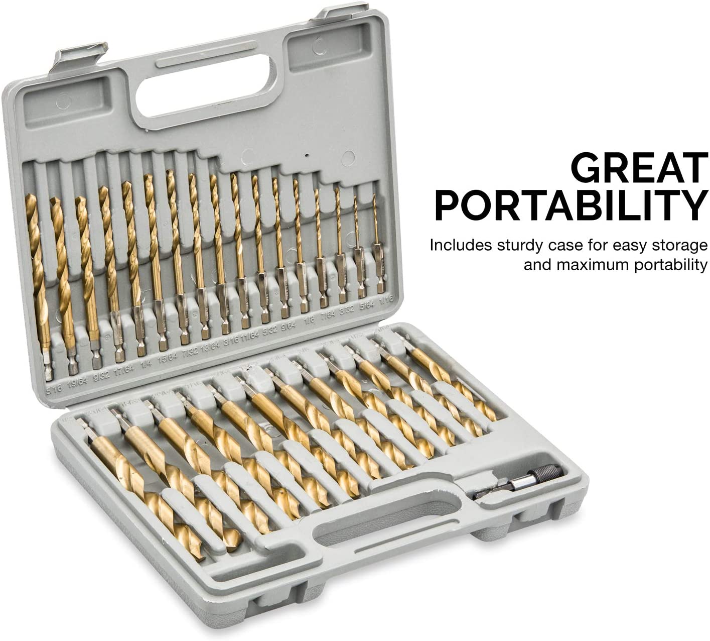 Hex-Shank Titanium Drill Bit Set — Quick-Change, HSS, 1/16"–1/2" (30-Piece)