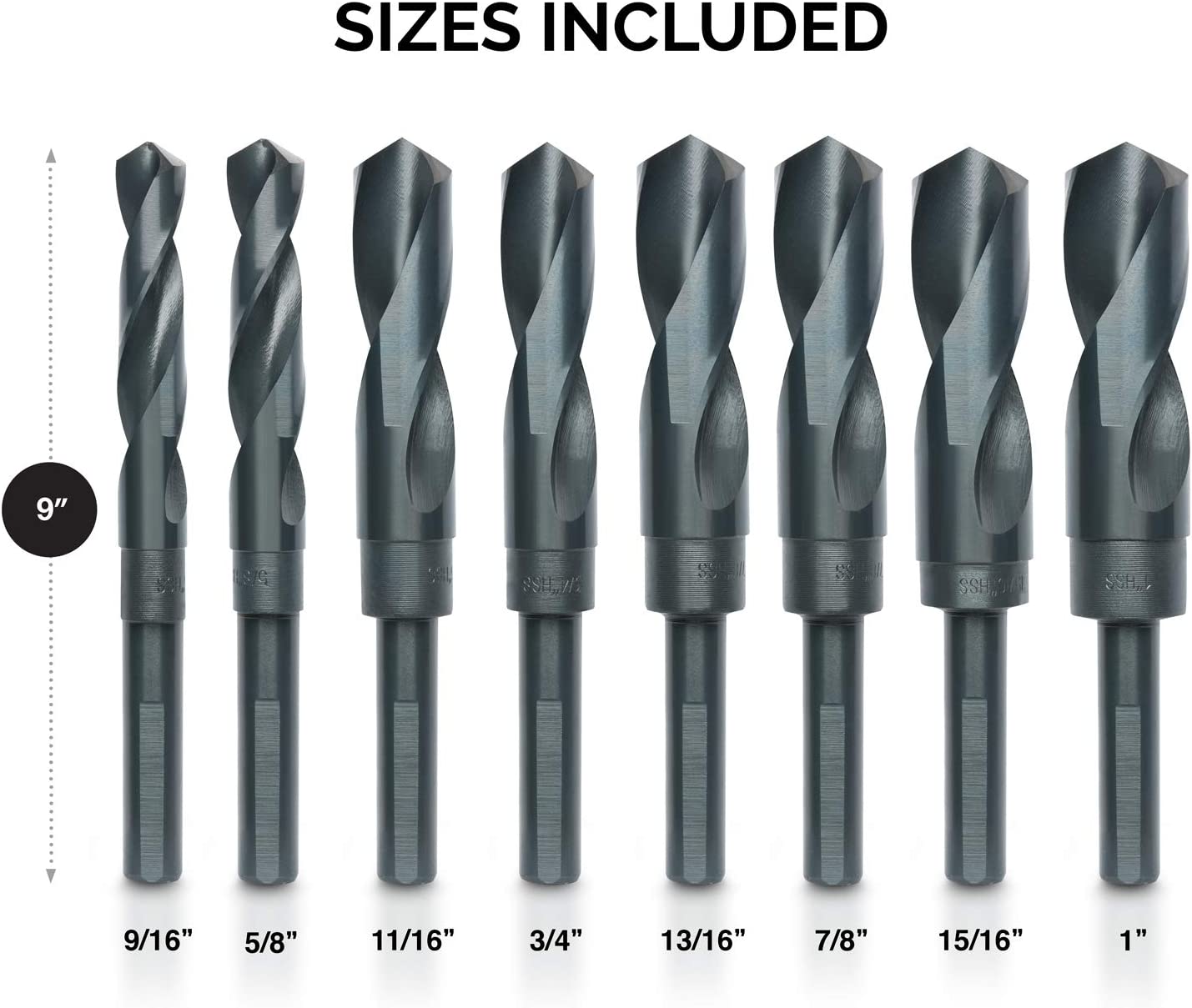 Jumbo Silver & Deming Drill Bit Set 1/2" Inch Shank Industrial Large Drill Bit Set 9/16” Drill Bit to 1" Drill Bit, Metal Drill Bits for Steel, Reduced Shank Drill Press Bits (8-Piece)