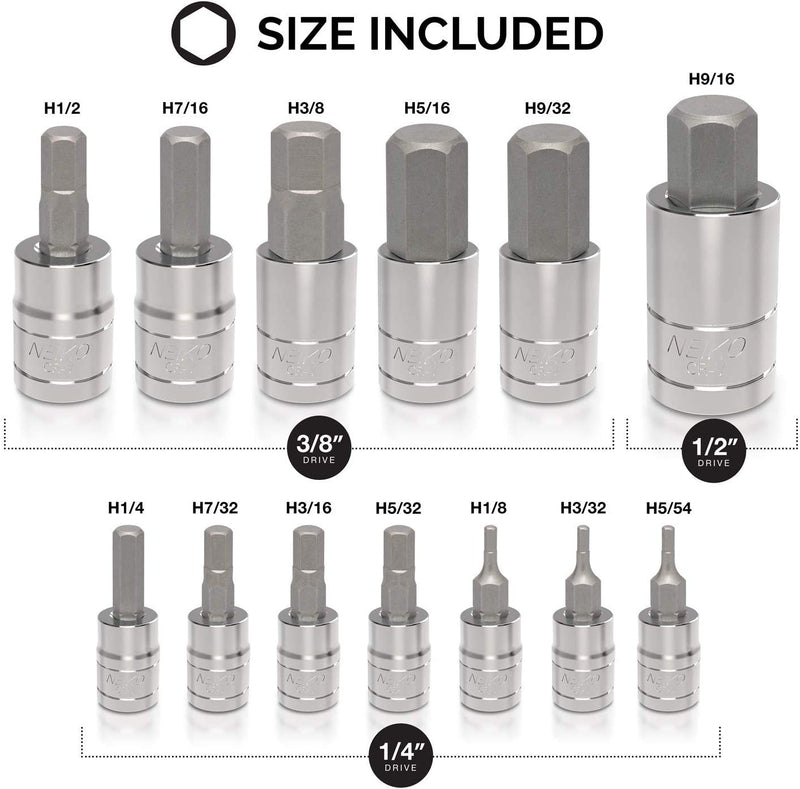 NEIKO 10075A Hex Bit Socket Set | 13 Piece | SAE 5/64” to 9/16” | 1/4”, 3/8” and ½” Drive | S2 and Cr-V Steel