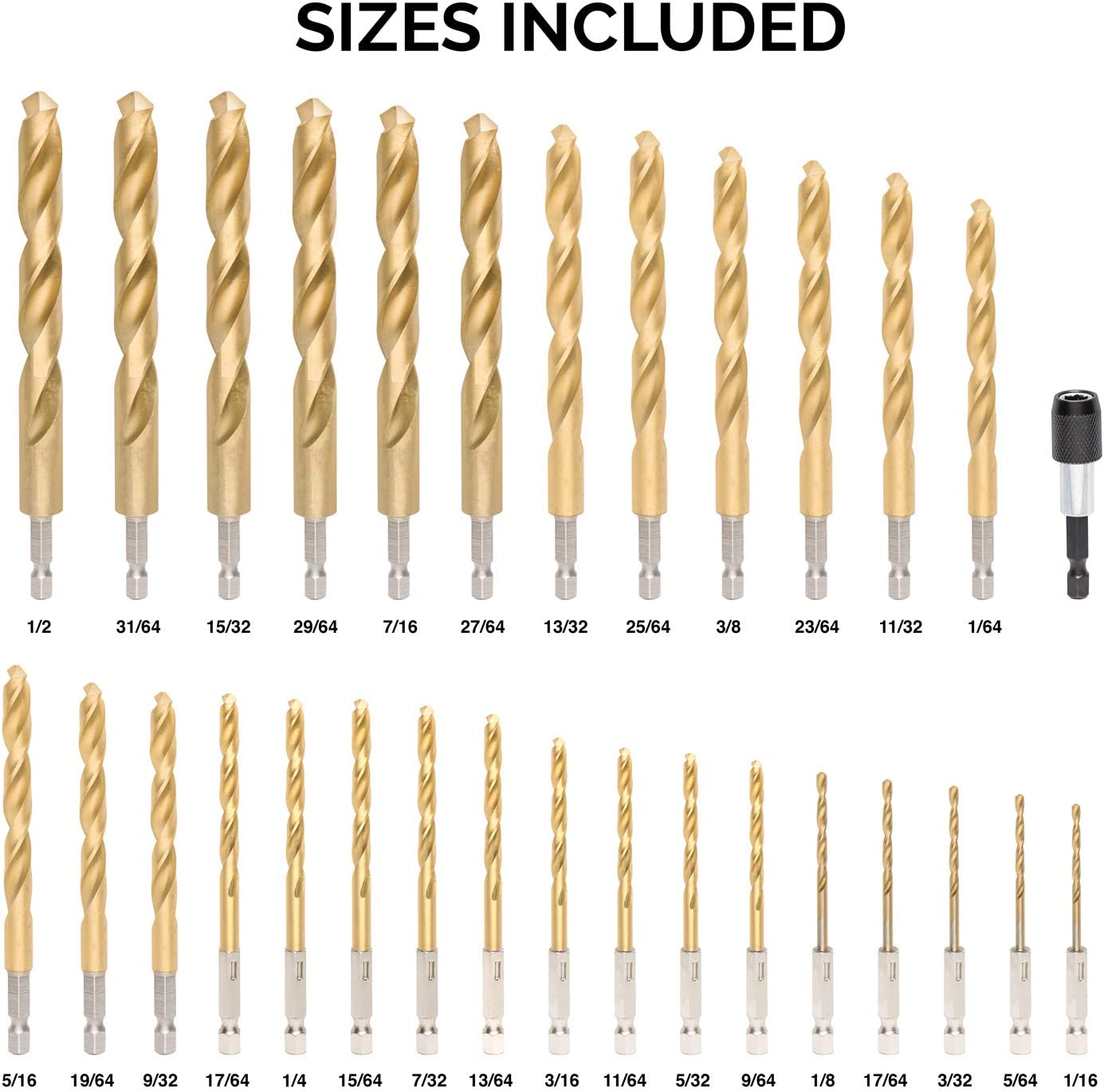 Hex-Shank Titanium Drill Bit Set — Quick-Change, HSS, 1/16"–1/2" (30-Piece)