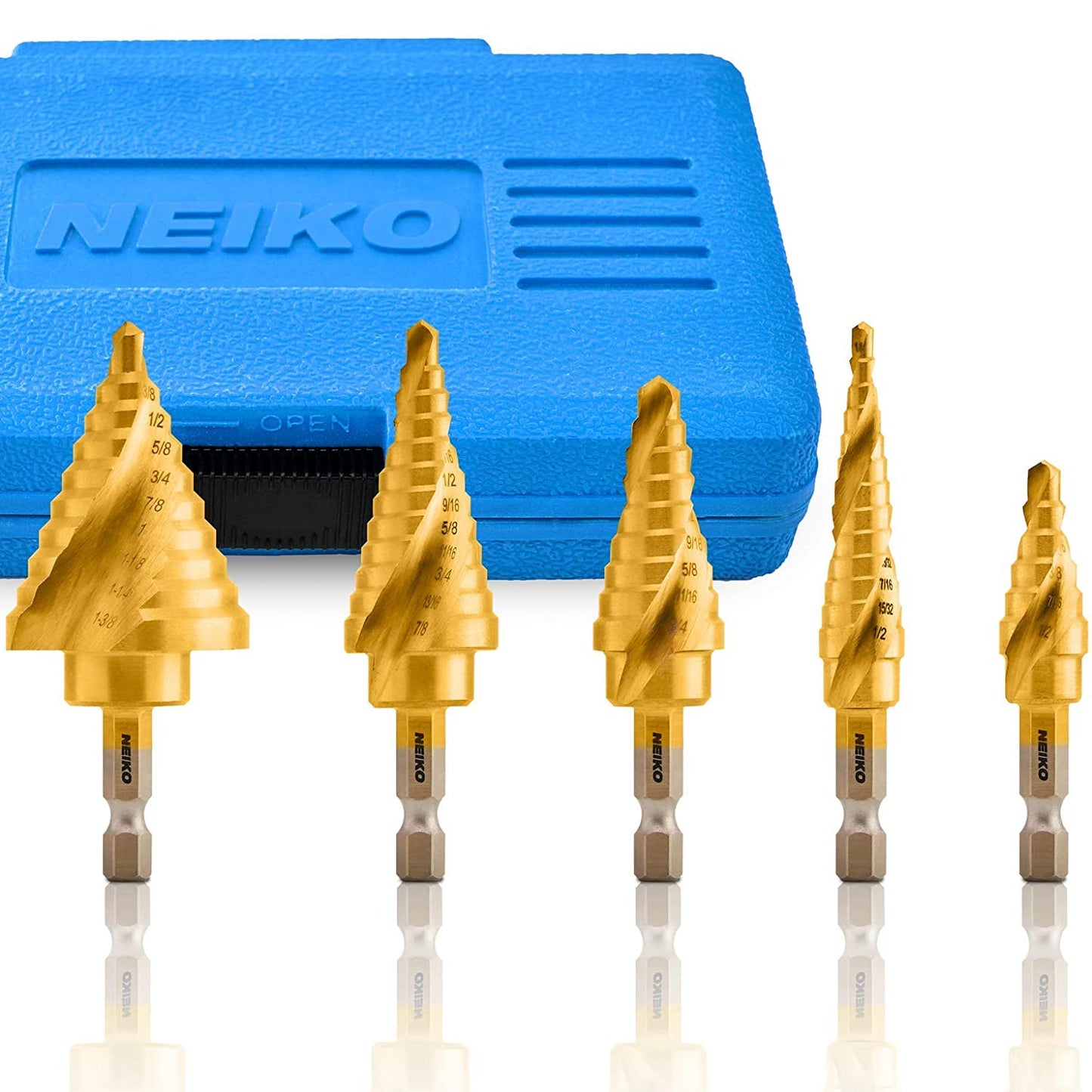 NEIKO 10173A Step Drill Bit Set for Metal and Wood, 5 Piece SAE, Spiral Grooved for Faster Drilling, Step Bits with 50 Total Step Sizes, Titanium Coated Unibits