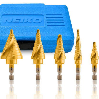 NEIKO 10173A Step Drill Bit Set for Metal and Wood, 5 Piece SAE, Spiral Grooved for Faster Drilling, Step Bits with 50 Total Step Sizes, Titanium Coated Unibits