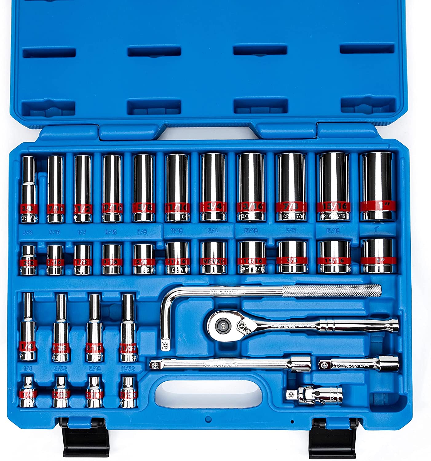 3/8” Drive Socket Set with Quick Release Ratchet (90 Tooth) Standard & Deep SAE Sizes (35-Piece)