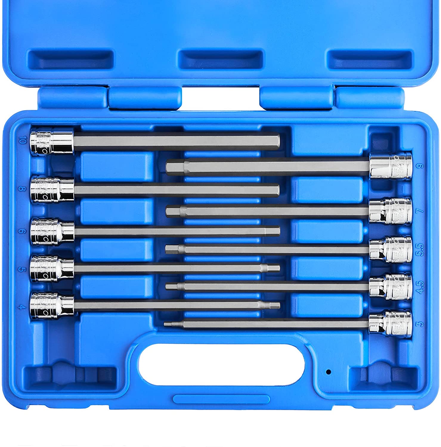 3/8” Drive Metric Extra Long Allen Hex Bit Socket Set, 10 Pieces, Sizes 3mm – 10mm