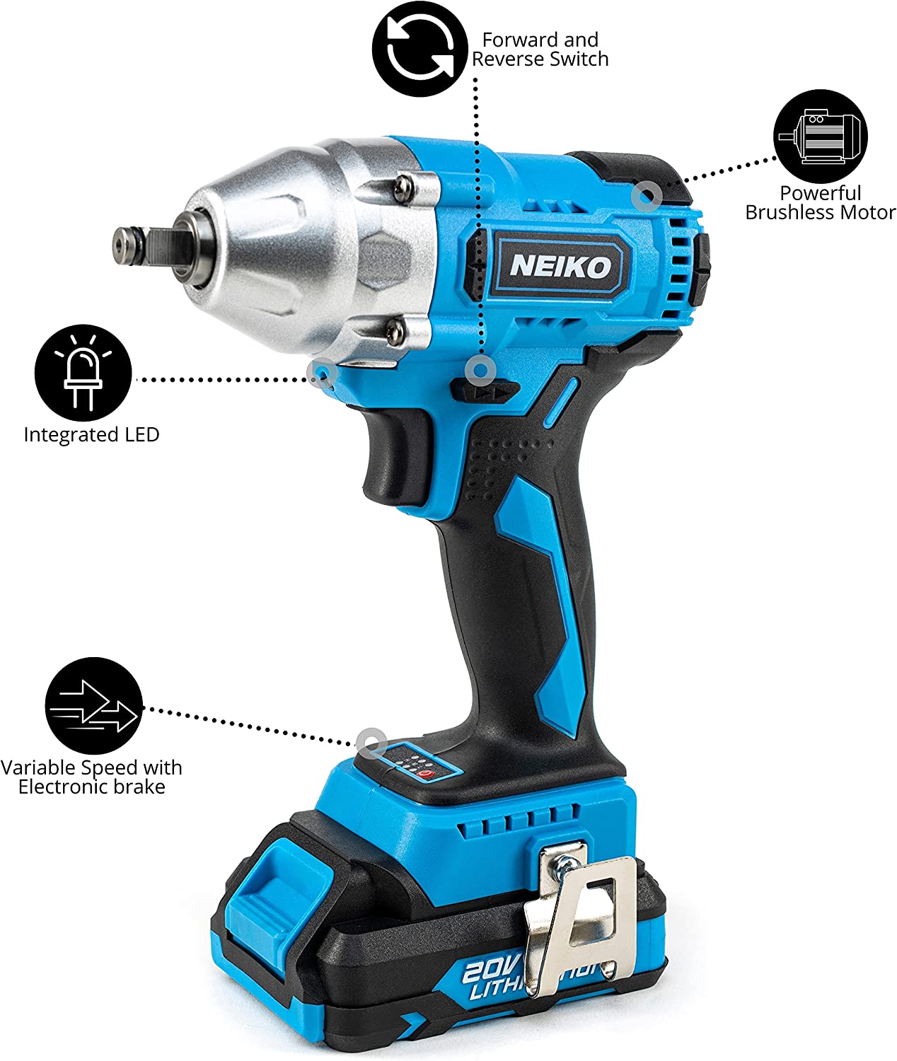 Neiko 10880A 3/8-Inch-Drive Brushless Cordless Impact Wrench, 20-Volt Compact Impact Wrench with Lithium-Ion Charging Battery, Includes Fast Charger, 3/8 Impact Gun, 3/8 Impact Wrench, Impact Driver