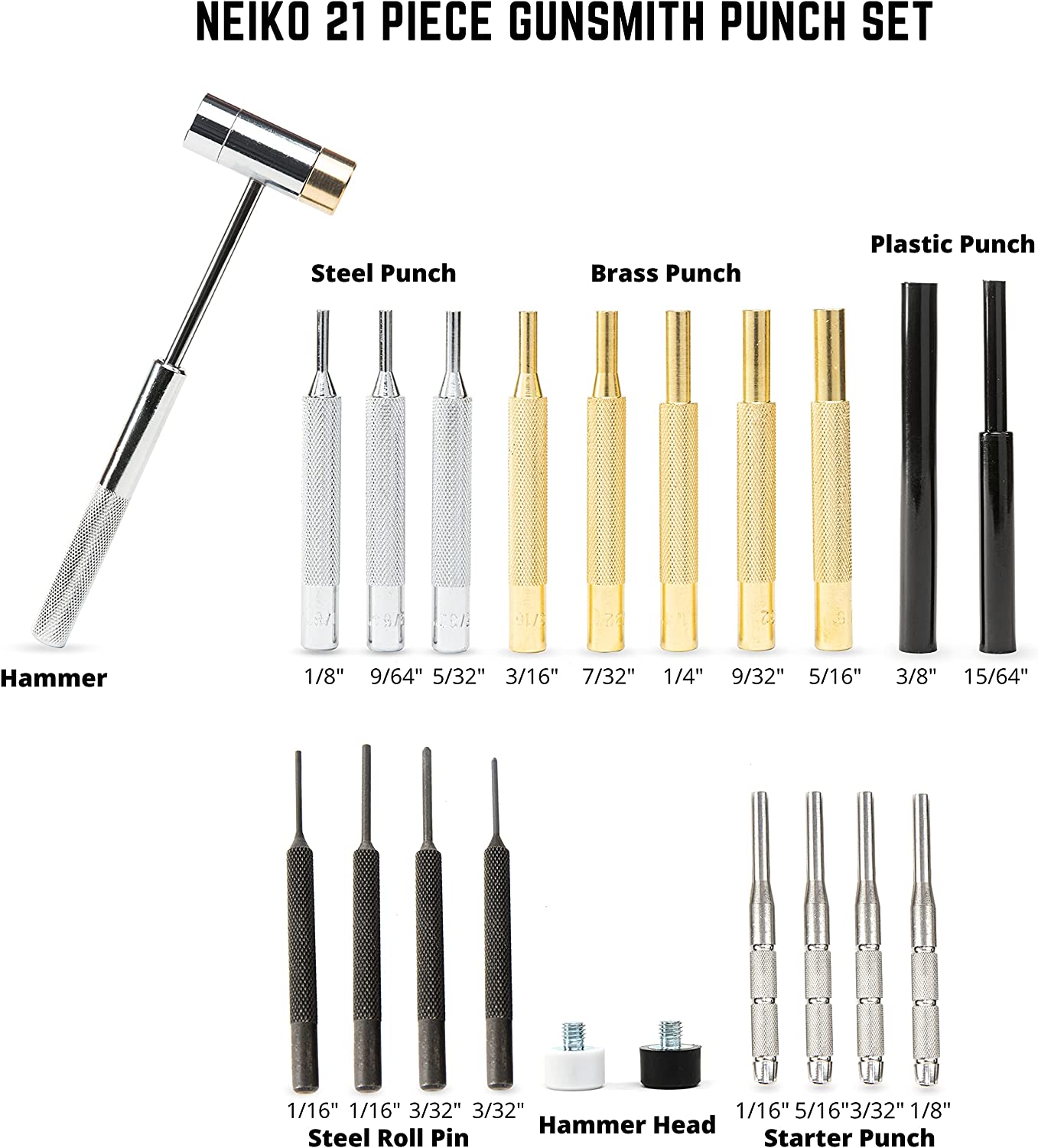 Gunsmith Punch Set 21 PC, Chrome Vanadium Steel, Plastic & Brass Pin Punches, Rubber, Nylon