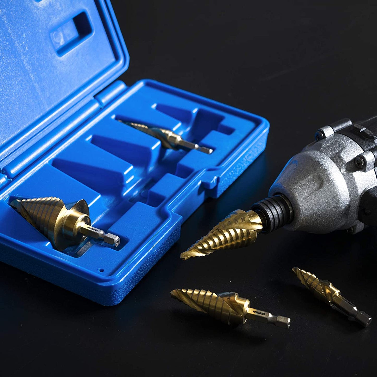 NEIKO 10173A Step Drill Bit Set for Metal and Wood, 5 Piece SAE, Spiral Grooved for Faster Drilling, Step Bits with 50 Total Step Sizes, Titanium Coated Unibits