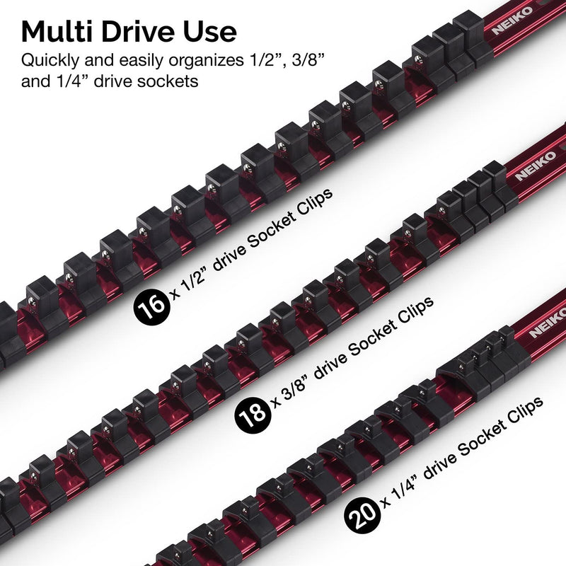 NEIKO 02454A Aluminum Socket Holder and Socket Organizer Tray for Toolboxes with Lightweight and Heavy-Duty Rails, 1/4-Inch, 3/8-Inch, and 1/2-Inch Drives, 3-Piece Socket Storage Set