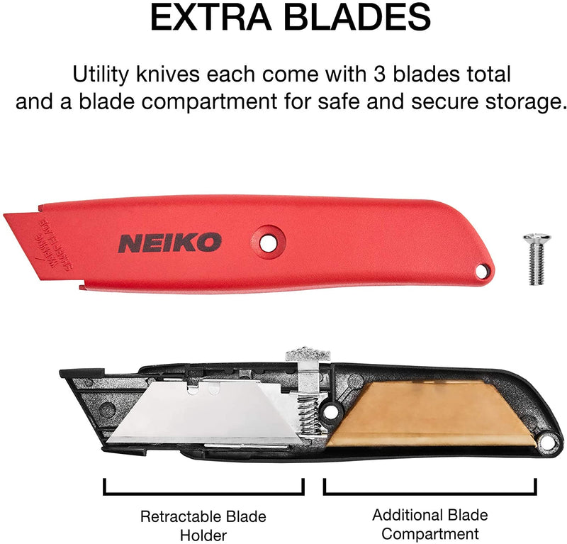 NEIKO 00679A Retractable Utility Razor Knife | 2 Pack | 3 Extra Blade Refills Per Knife | Adjustable Design For Safety