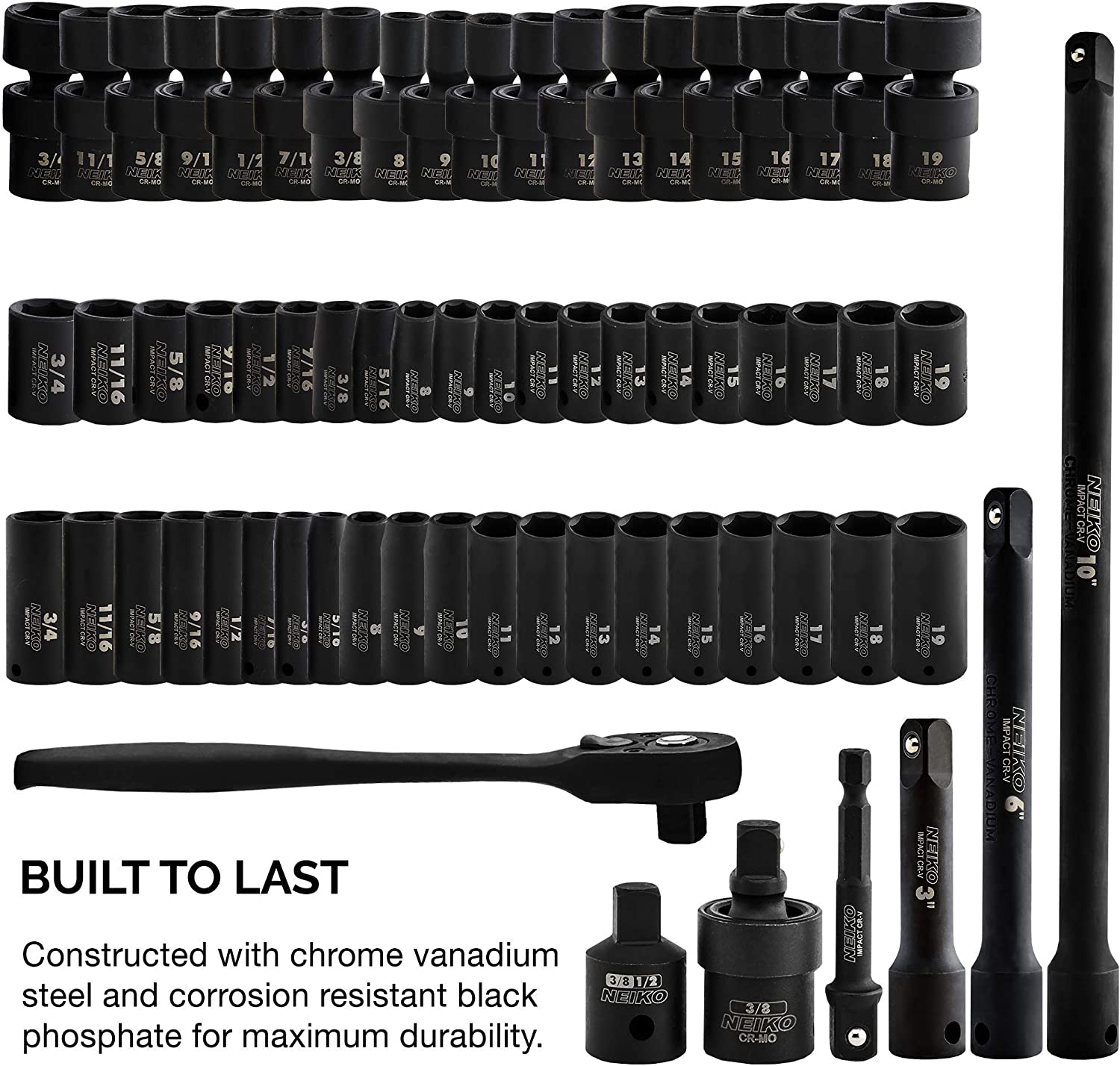 NEIKO 02471A Impact Socket Set, 3/8” Drive, 67 Piece, Metric and