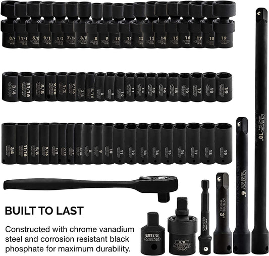 NEIKO 02471A Impact Socket Set, 3/8” Drive, 67 Piece, Metric and Standard Master Socket Set with Shallow & Deep Sockets, Ratchet, Swivel Sockets, Extension Bars, Adapters, Cr-V & Cr-Mo