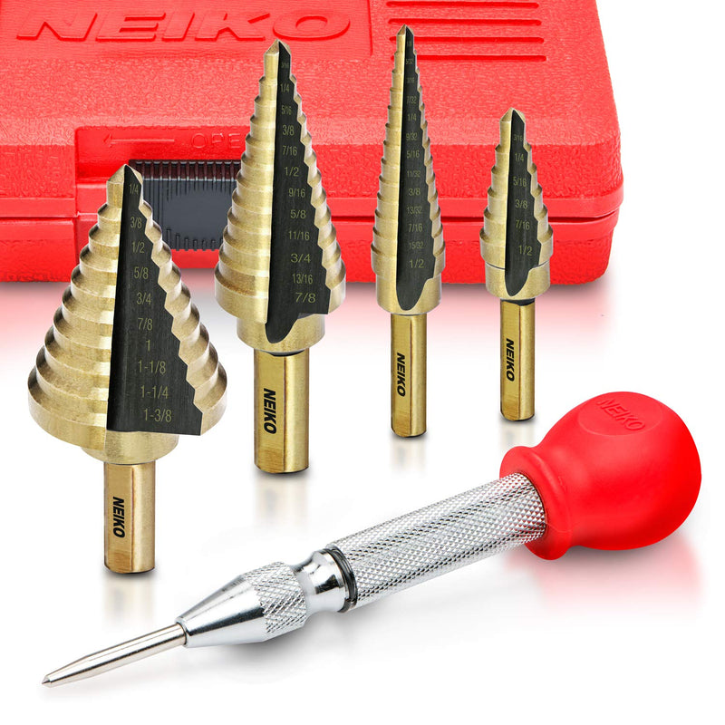 NEIKO 10169A Step Drill Bit Set and Automatic Center Punch | 5 Piece, 41 SAE Sizes Total, 1/8” – 1-3/8” | Titanium High Speed Steel Unibit, Stepper Cone Drill Bit | Two Flute Step Down Bits