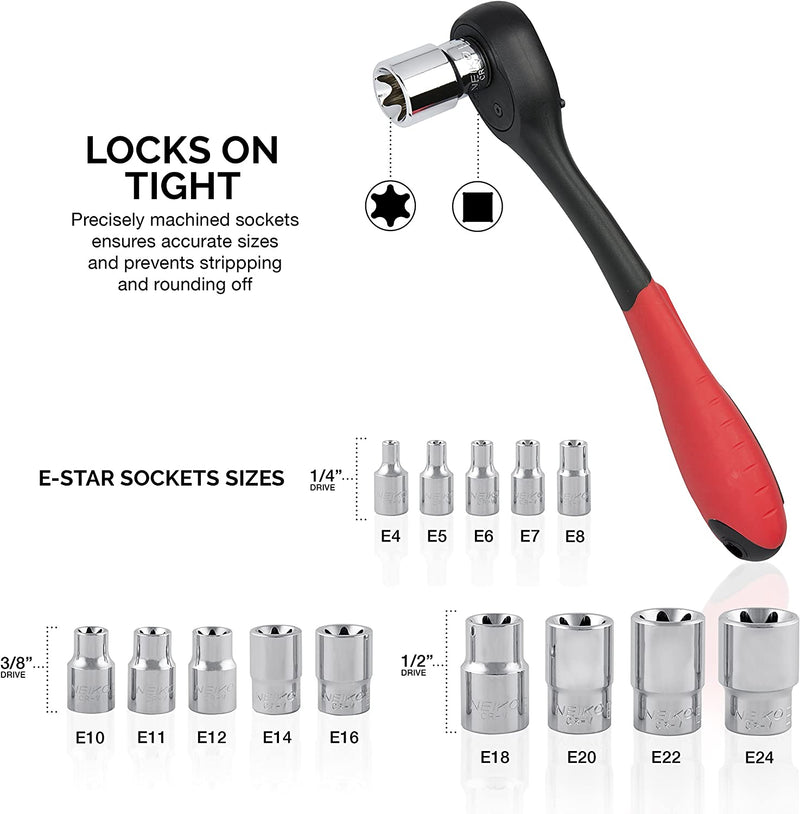 NEIKO 04300A E-Torx Socket Set | 14 Piece | External E4 to E24 | 1/4”, 3/8” and 1/2” Drive | Female Star External Torx | Cr-V Steel