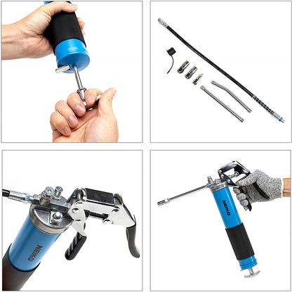 NEIKO 12011A Grease Gun | Heavy Duty Pistol Grip Greaser | 6000 PSI | Standard 14oz Grease Cartridge | 18” Reinforced Flex Hose, Zerk Coupler, 6” Straight Extension & 5.5” Bend Ext, Sharp Nozzle