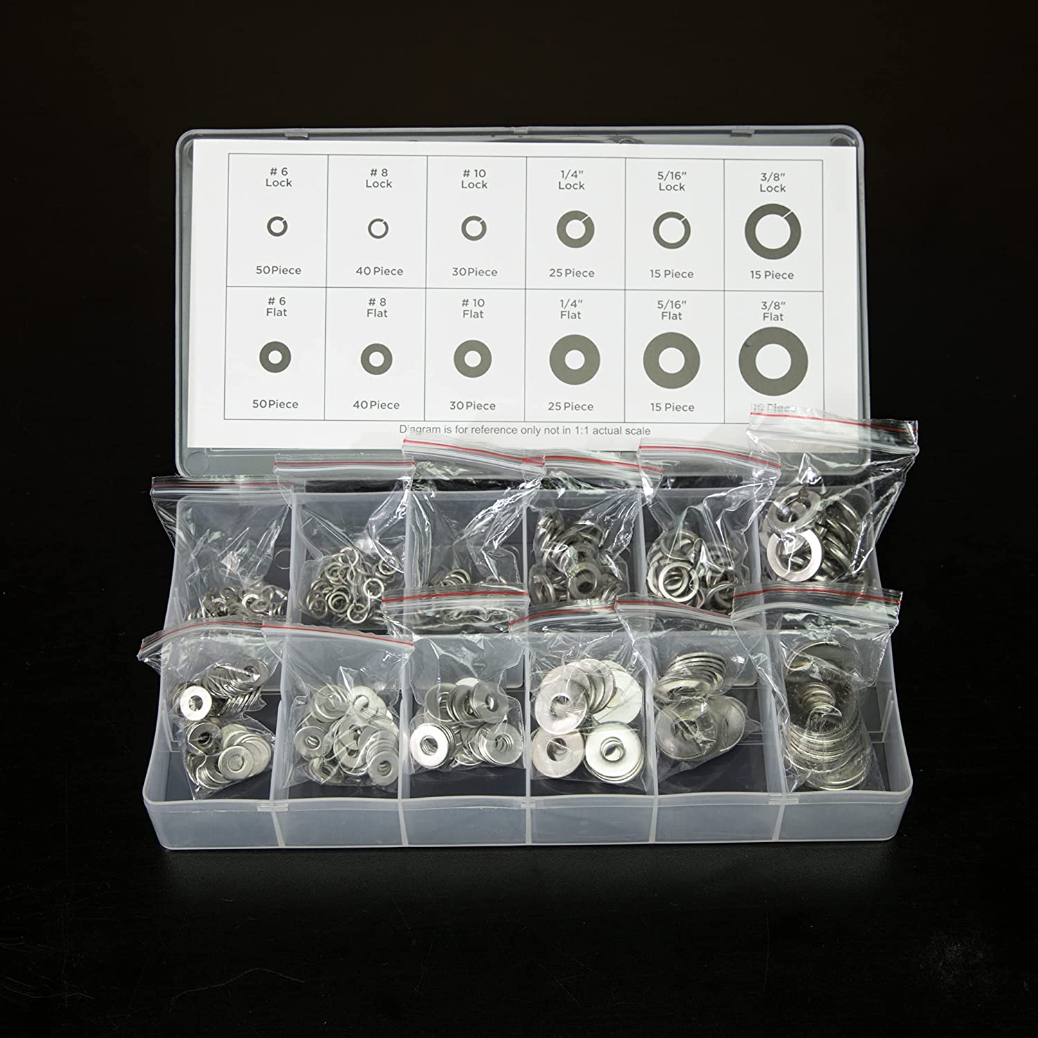 Stainless Steel Lock & Flat Washer Assortment — 12 Sizes (350-Piece)