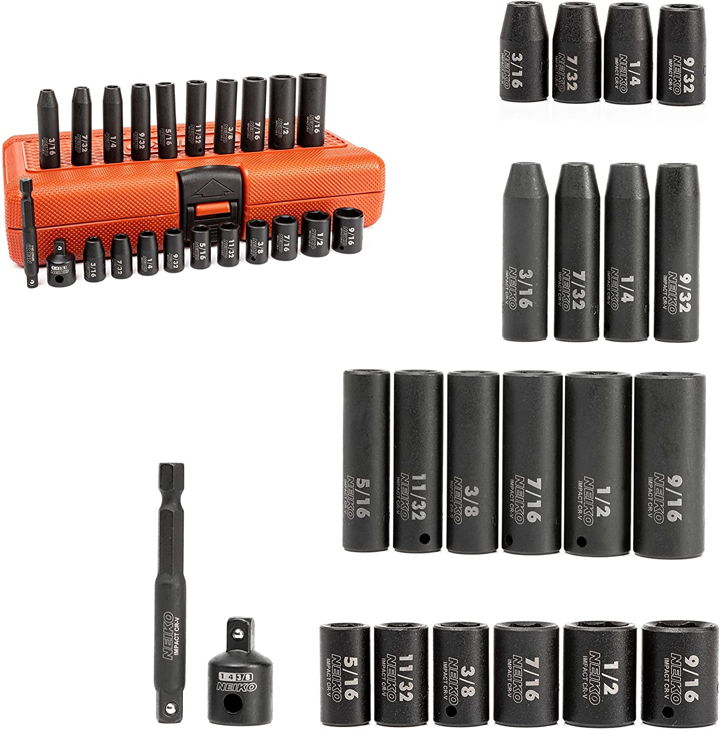 02435A, 22 Piece, 1/4 Socket Set, Standard 3/16” – 9/16” SAE, Deep & Shallow Sockets