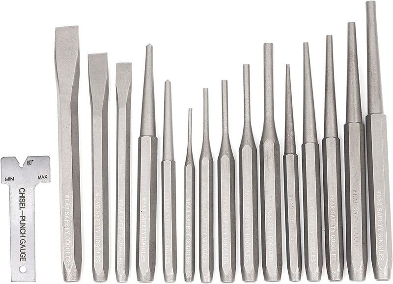 NEIKO 02626A Punch and Chisel Set | 16 Piece | Cold Chisels, Taper, Pin & Center Punches | Chrome Vanadium Steel | Roll Up Pouch | Chisel Tip Gauge | Ground and Polished | Tapered Striking Head